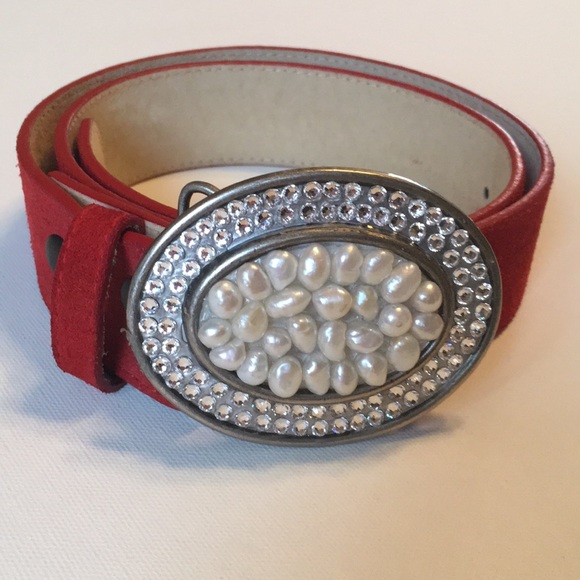Accessories - Genuine Leather Belt Pearl Rhinestone Buckle